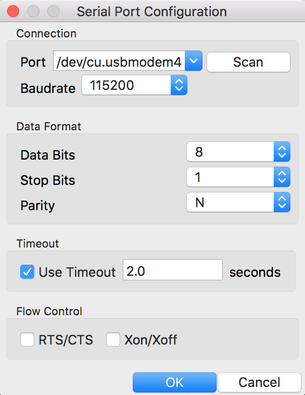 Select serial port and baud rate