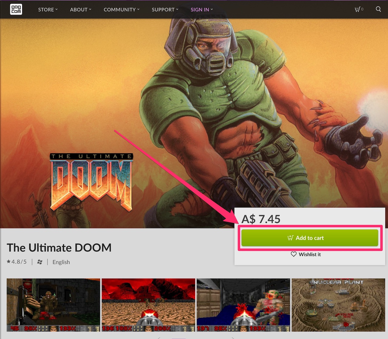 GOG.com The Ultimate Doom purchase page