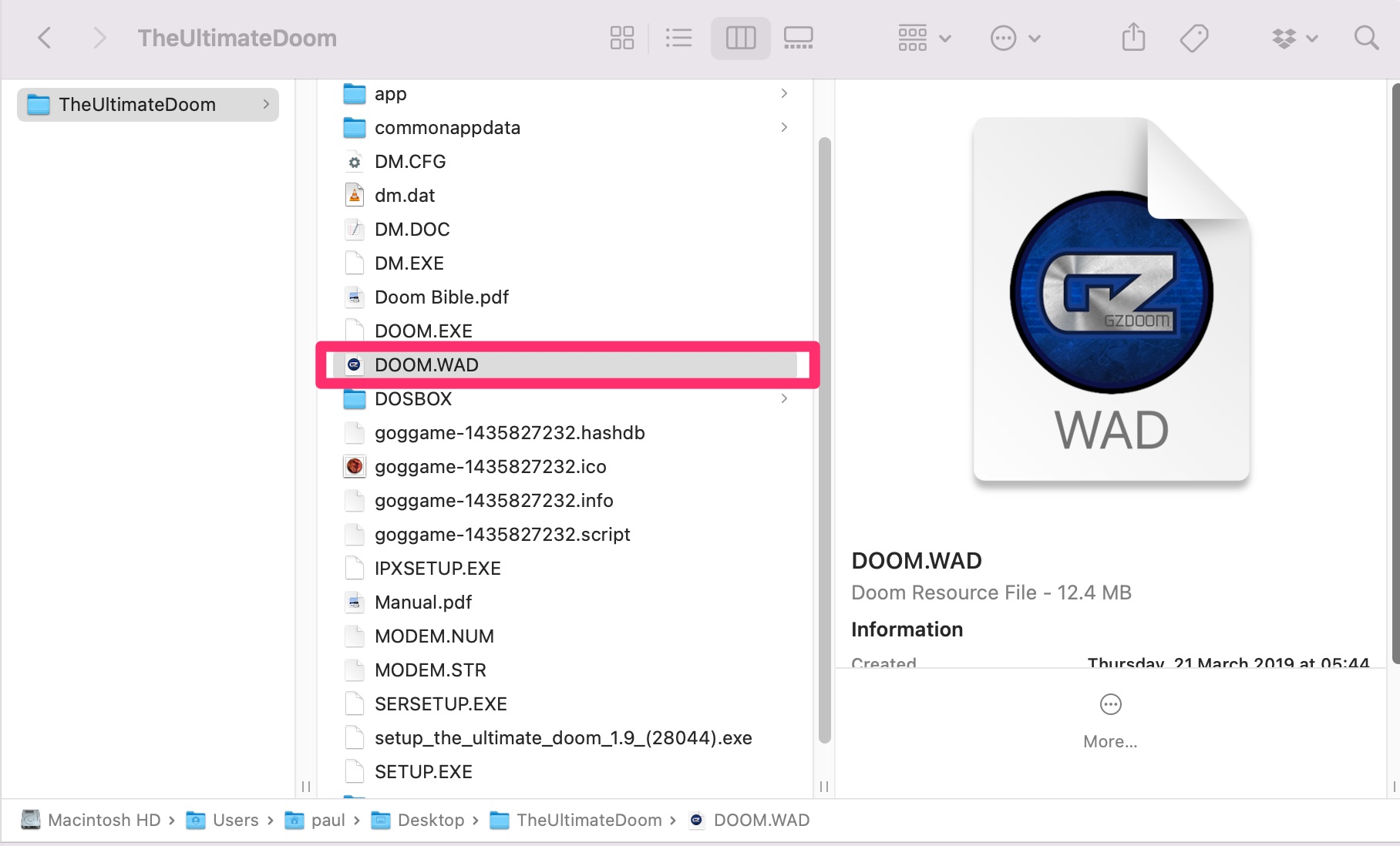 Locate DOOM.WAD file in a Finder window