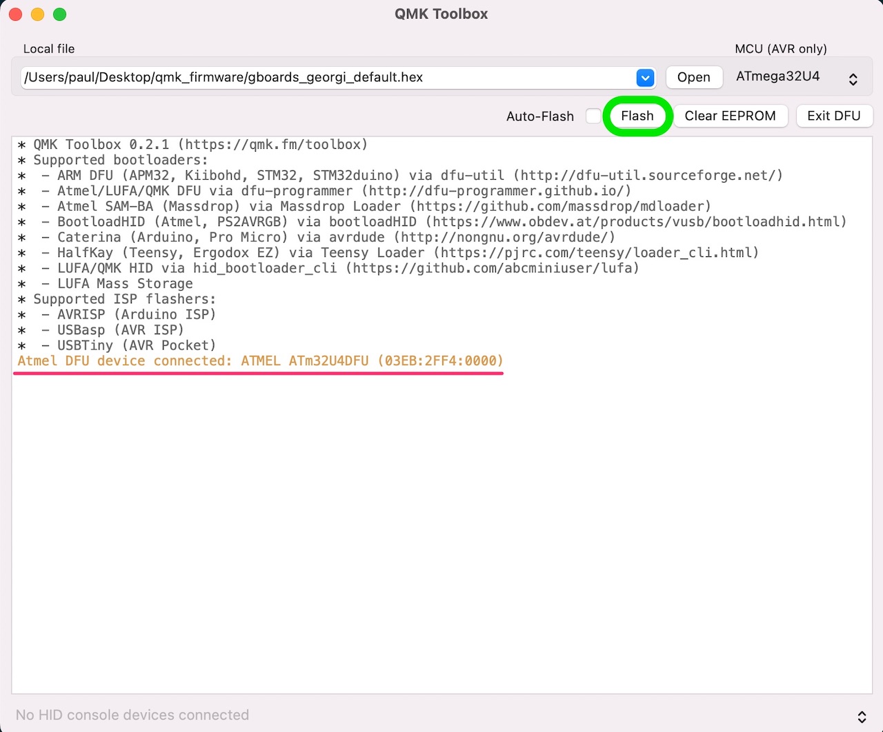 QMK Toolbox DFU mode device successfully connected