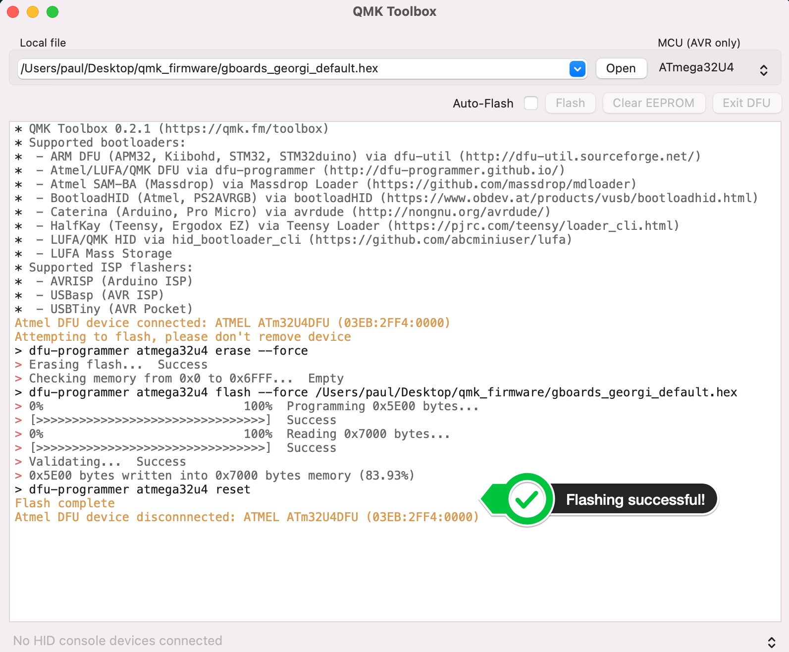 QMK Toolbox device successfully flashed