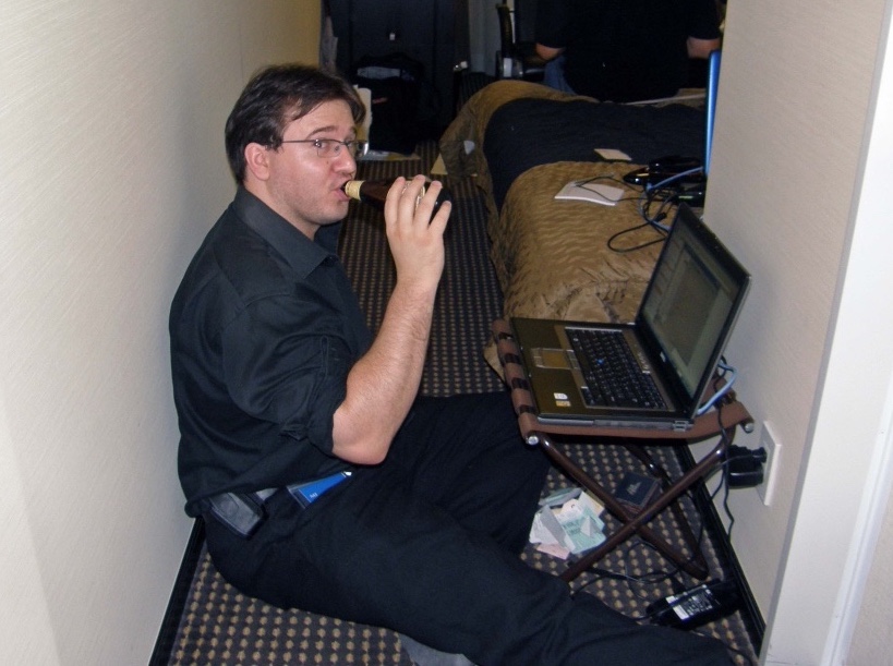 On the beers, working late in a hotel room