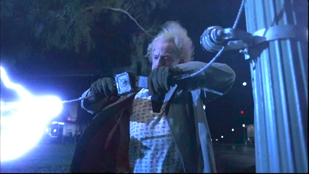 Doc Brown from the movie Back to the Future connecting a plug and socket