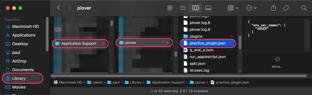 Plover plugin config file shown in a Finder window