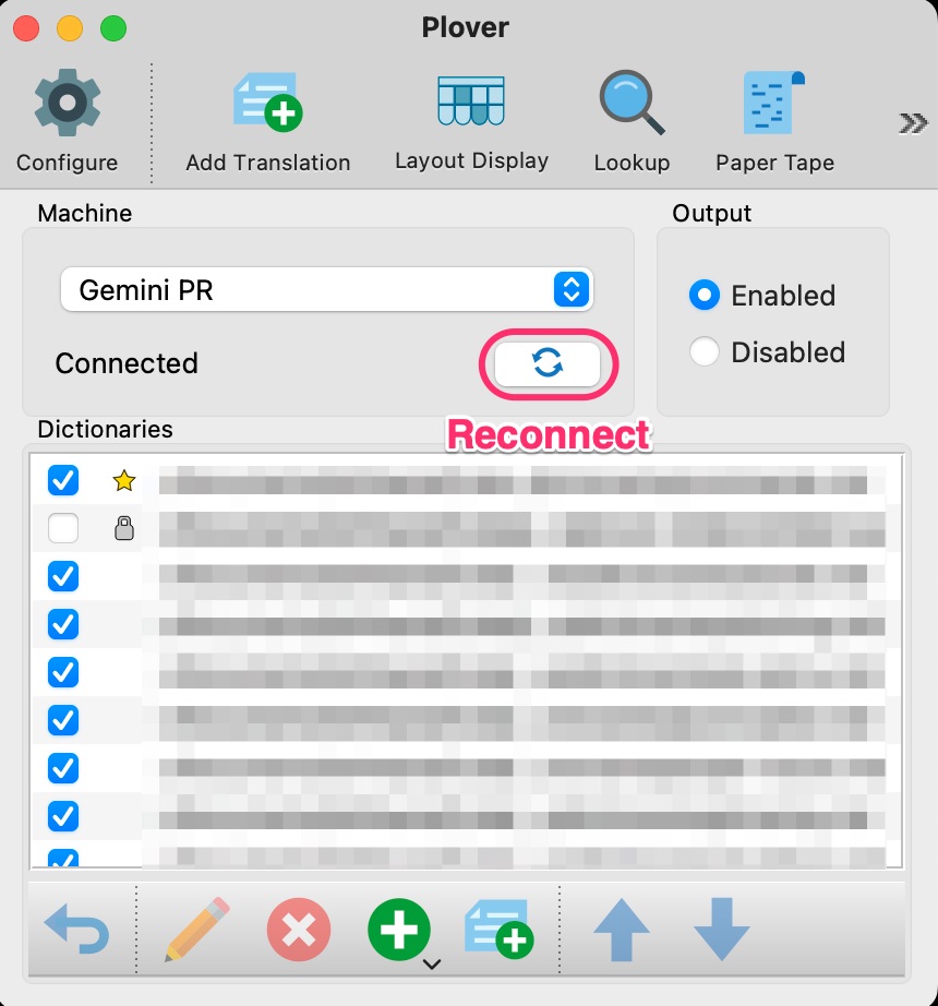 Plover GUI highlighting the Reconnect button