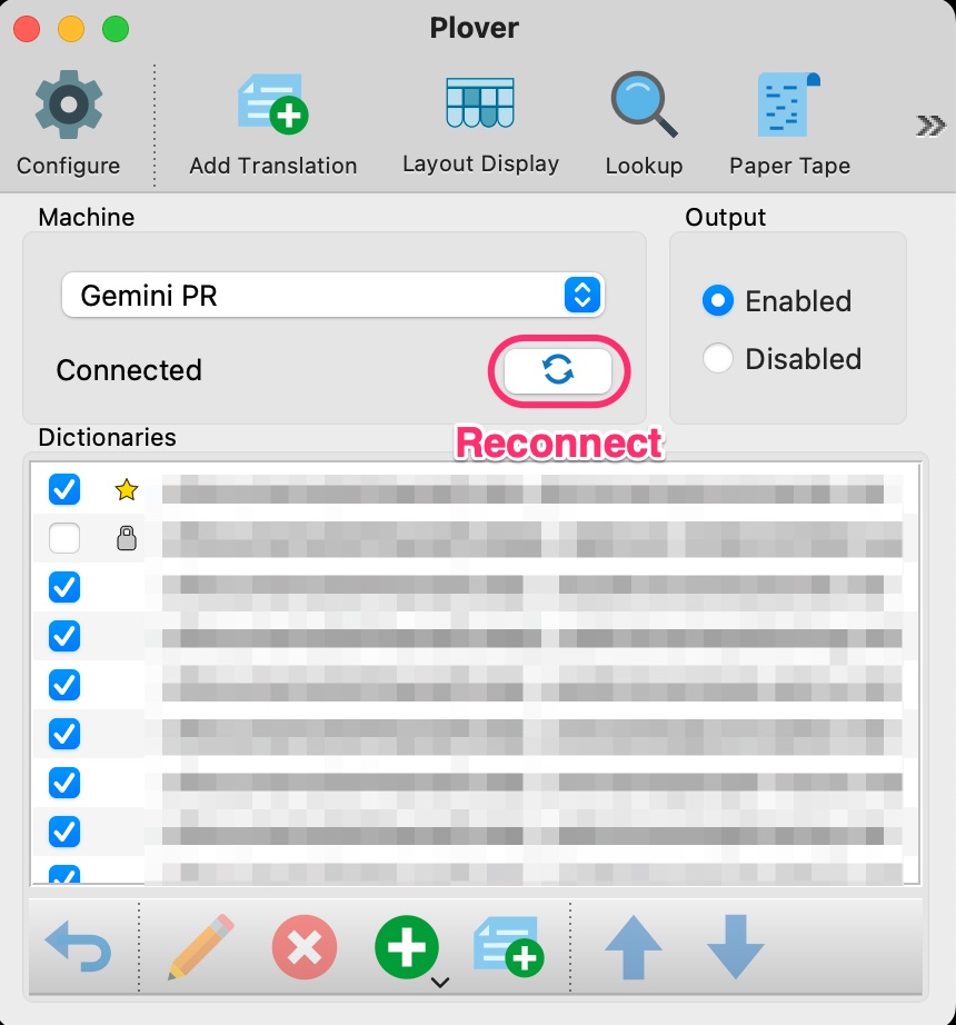 Plover GUI highlighting the Reconnect button