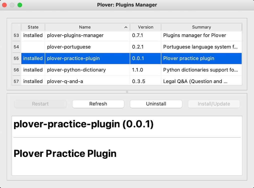 Plover Plugins Manager showing the newly-installed Practice Plugin