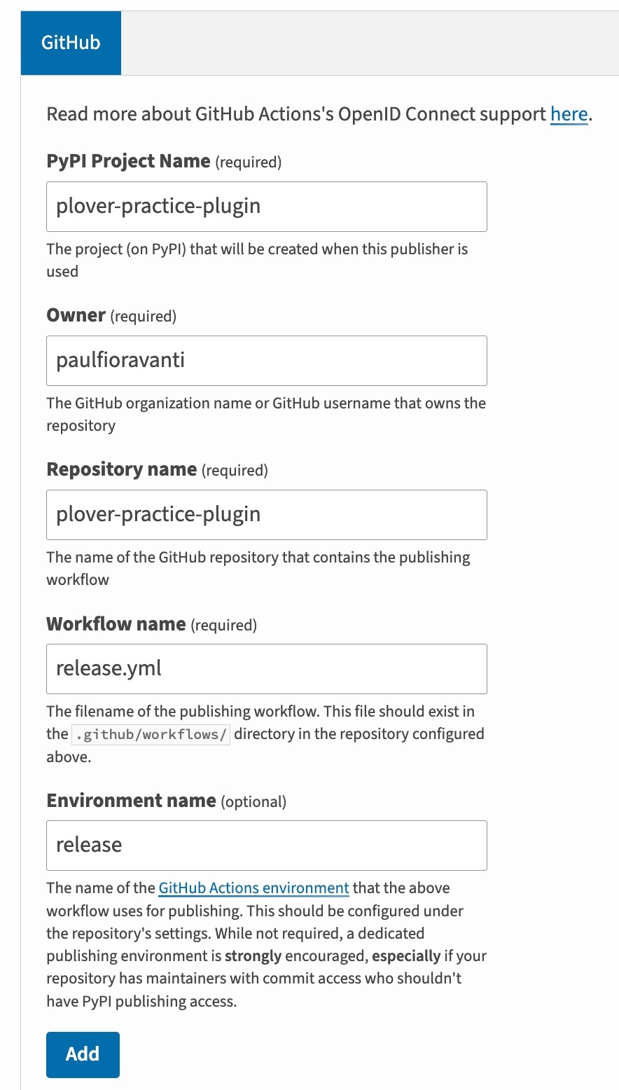 PyPI's 'Add a new pending publisher' form