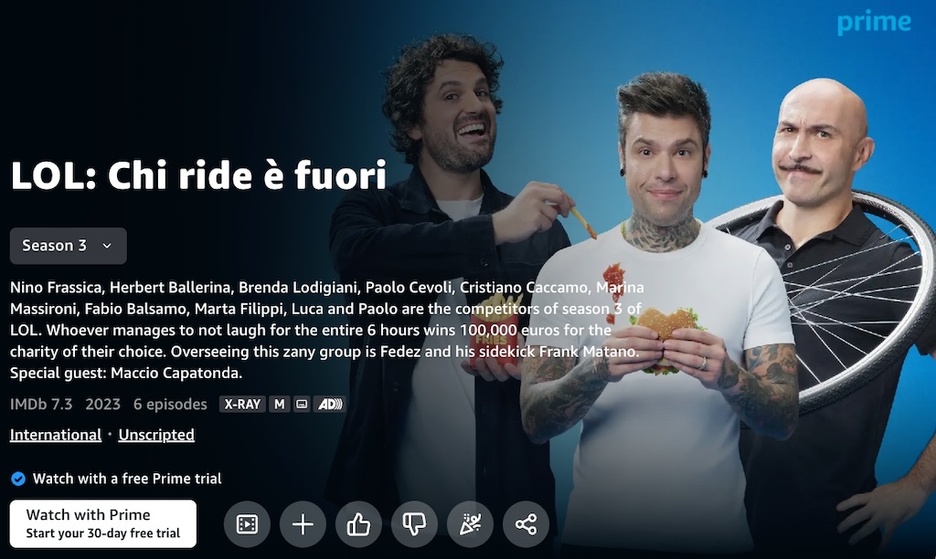 LOL: Chi ride è fuori English page on Amazon Prime