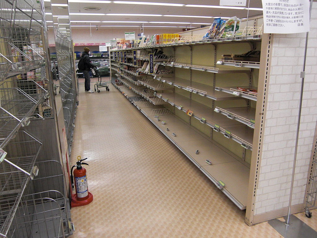 Empty instant noodle shelves in a supermarket in Tokyo due to logistic stack and buyout on 16 March 2011, 5 days after the 2011 Sendai earthquake